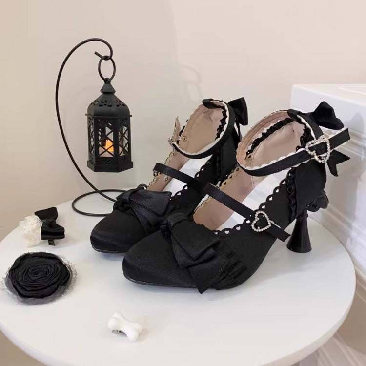 Ruffled Bow Lace Pointed Heels for Elegant Lolita - Four Shades