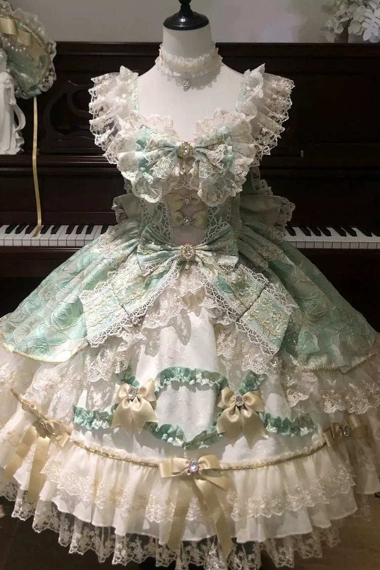 Gilded Waltz Square Collar Sleeveless Printed Embroidered Bow Lace Sweet JSK - Green