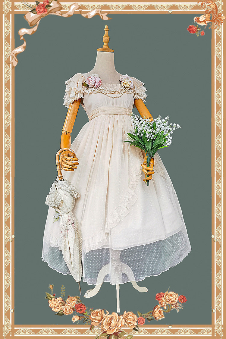 Apricot Elegant Lolita Dress with Polka Dot Print Ruffles Bowknot and Asymmetric Sweet Style