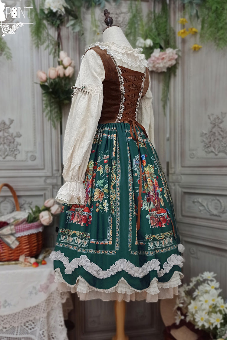 Green Velvet Classic Lolita JSK Dress with Berries and Birds Print Ruffle Bowknot