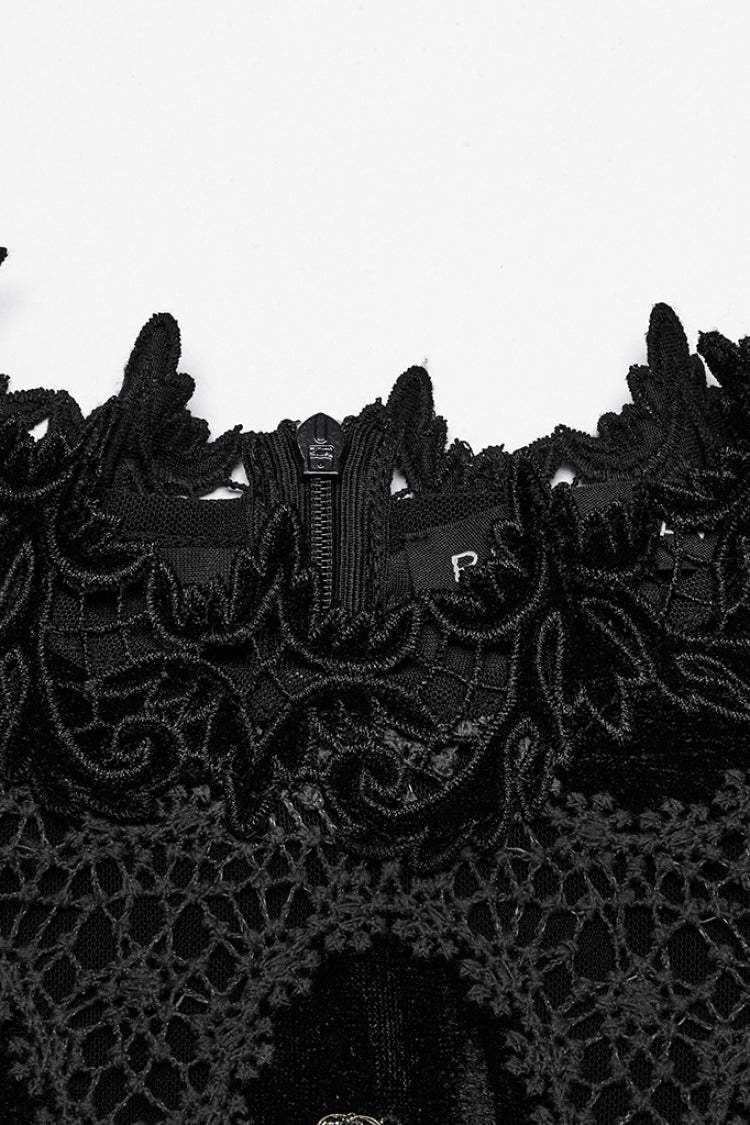 Jet-Black Gothic Blouse with Puffed Sleeves and Embroidered Print