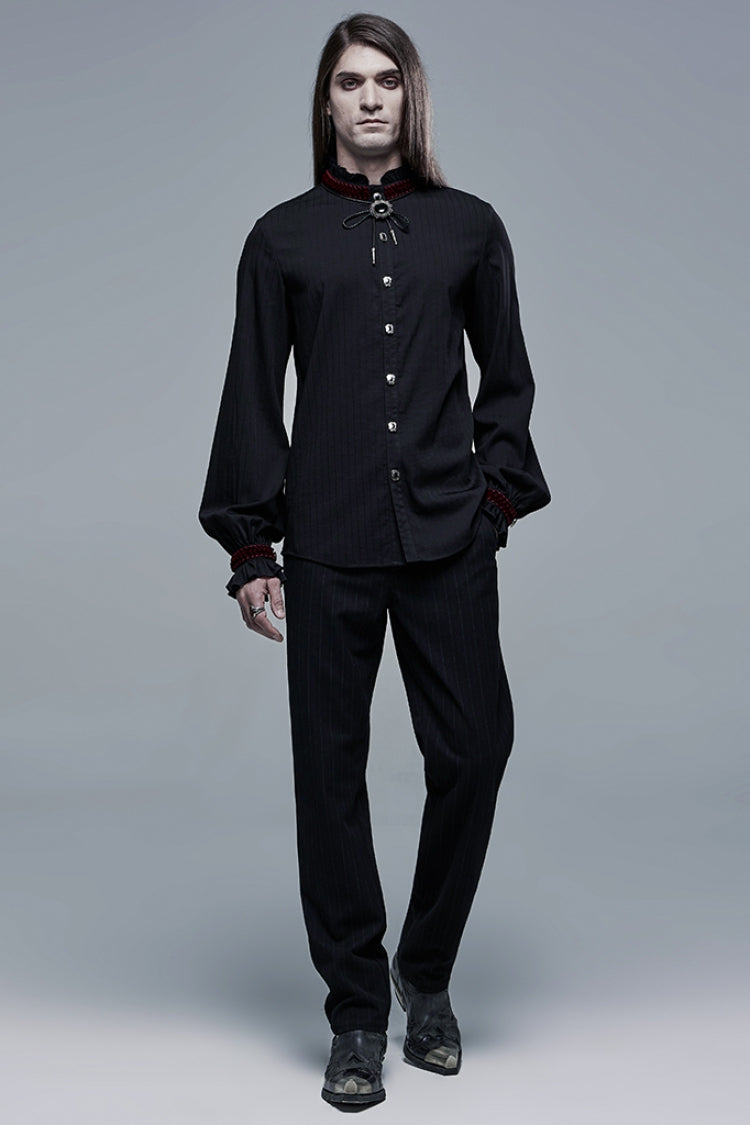 Crimson & Noir Retro Metal Button High Collar Lantern Sleeve Men's Shirt