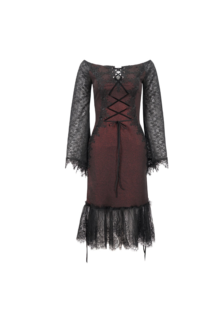 Red Textured One-Shoulder Lace Bell Sleeve Gothic Dress