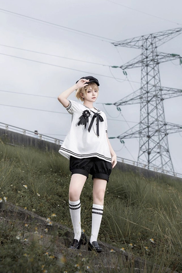 Old Stories Navy Collar Bow Ouji Gothic Lolita Blouse Shorts Set