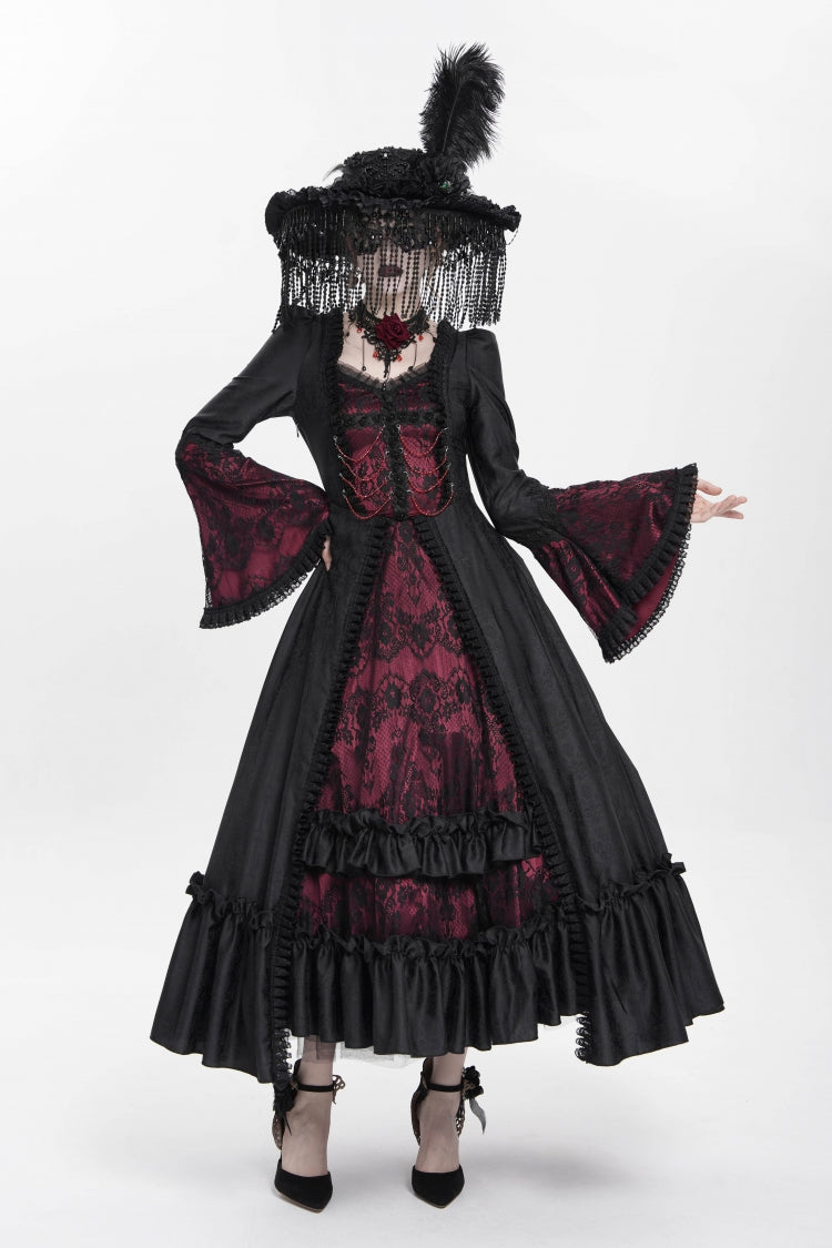 Scarlet Embroidered Lace-Up Pleated Gothic Dress