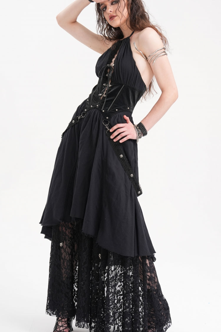 Alluring Black Hollow Lace Halter Gothic Strap Maxi Gown