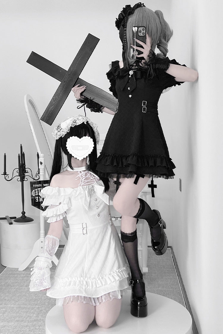 Black/White Halterneck Short Sleeve Ruffle Bowknot Lace Jirai Kei Japanese Gown 2 Colors