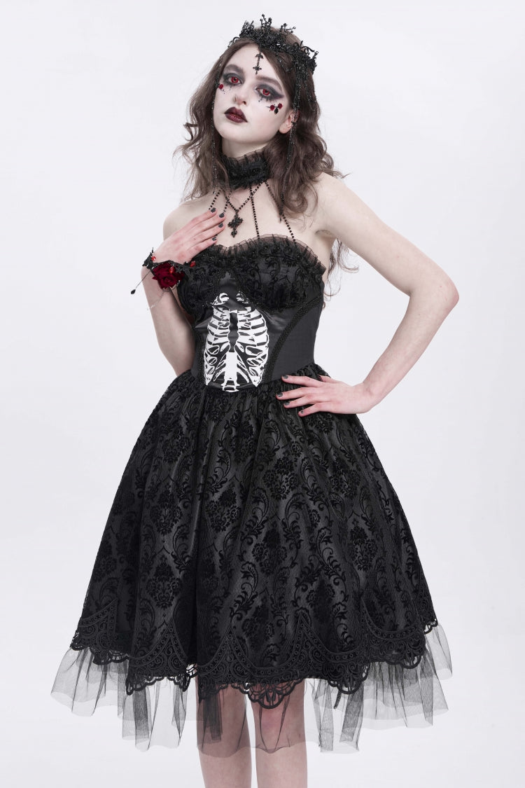 Unique Black Skeleton Print Embroidered Lace Stitching Halter Gothic Gown