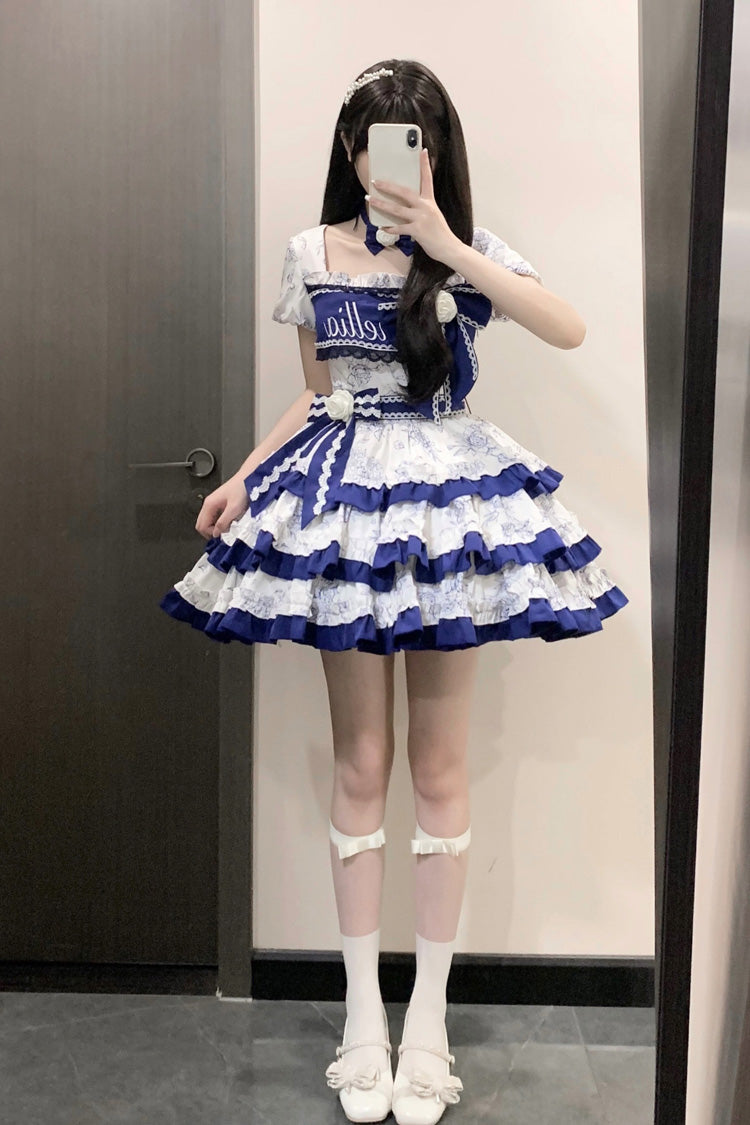 Cerulean and Ivory Porcelain Print Multi-Layer Ruffle Embroidery Bow Sweet Lolita Dress