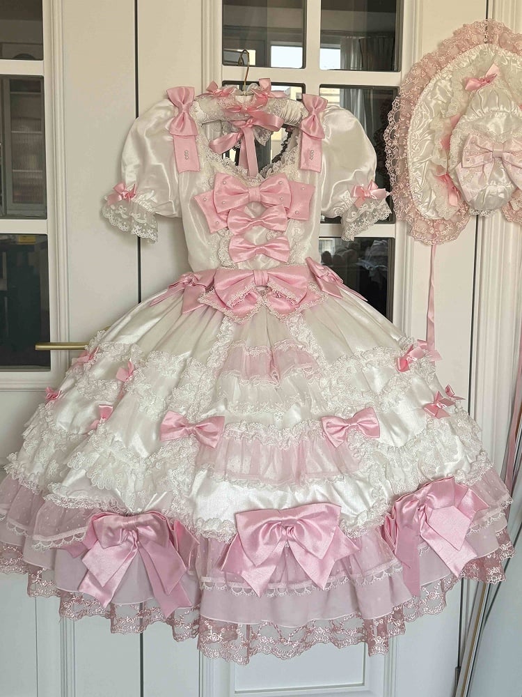 with Sweet Accents High Sleeves White Pink Waist Dress Princess Detachable Bow Lolita