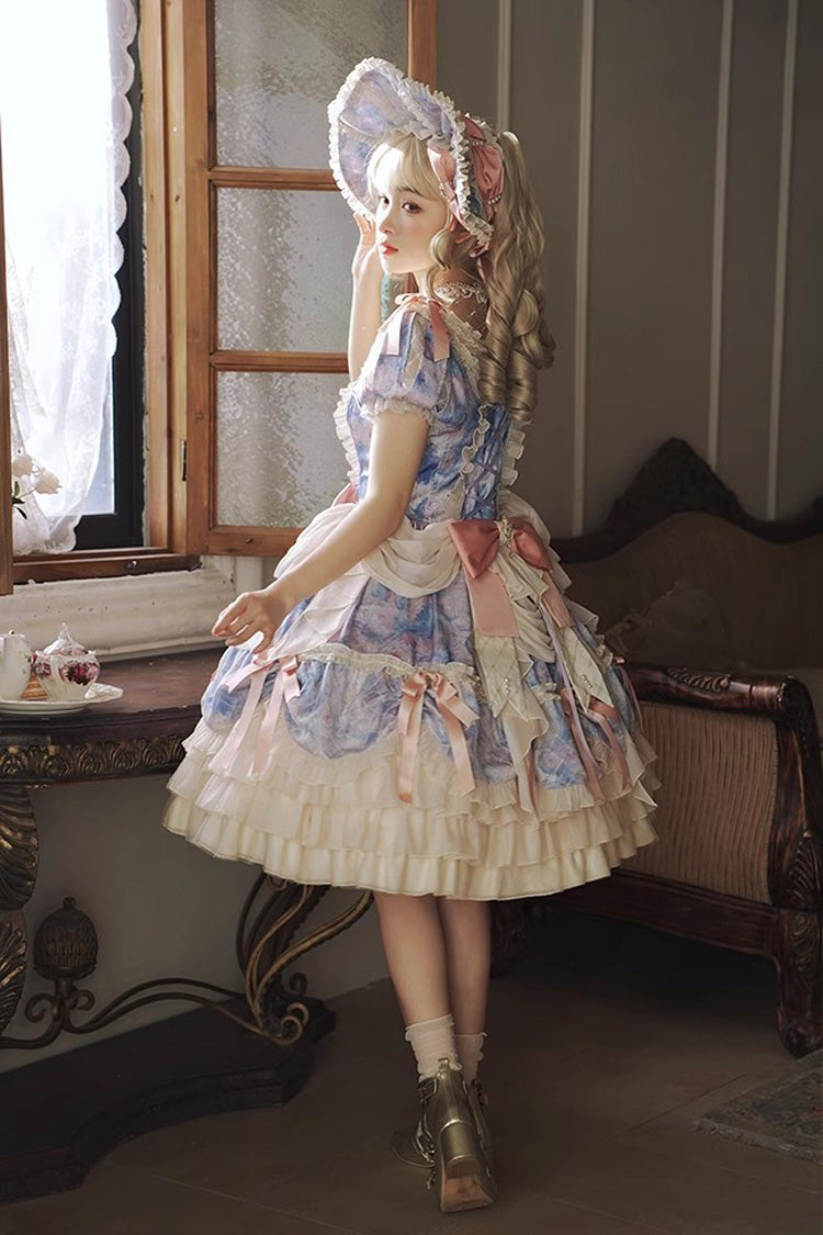 Angel Heart Sky Oil Painting Printed Bow Cardigan Sweet Lolita Dress - Multi-Color