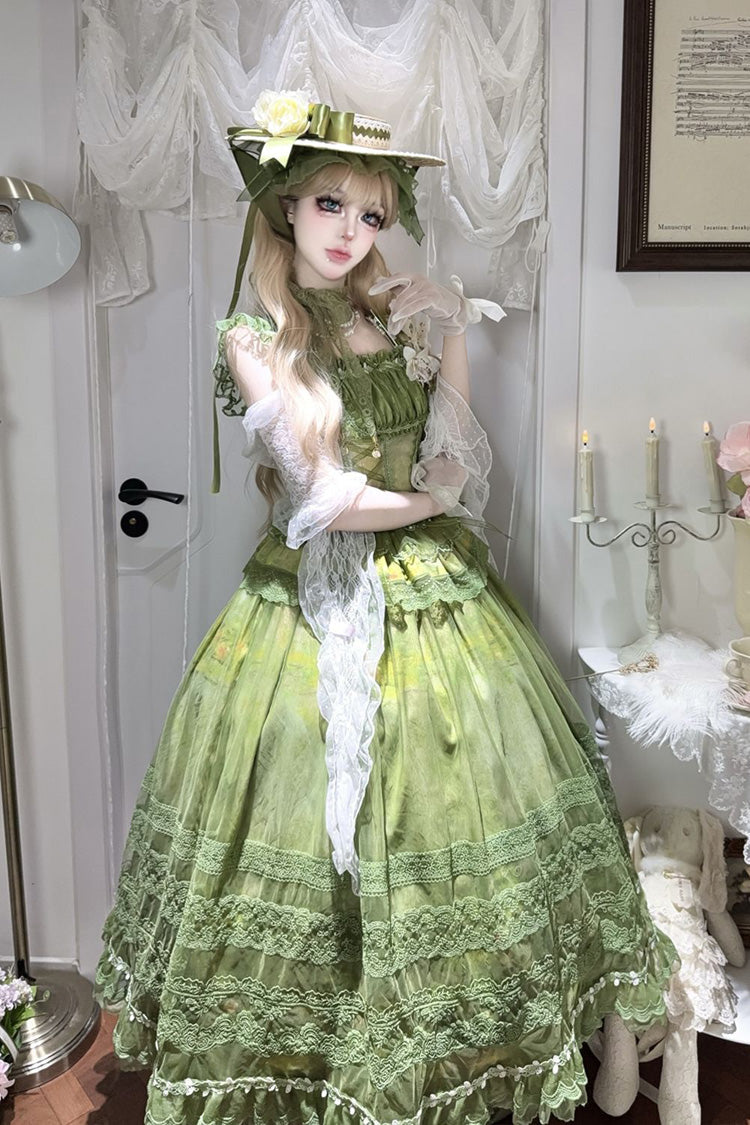 Green Sleeveless Lace-Up Sweet Jsk Dress Set with Bow - Mist-shrouded Vineyard