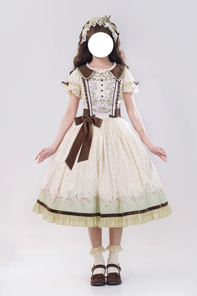 Green Ivory Lily Short Sleeve Print Ruffle Embroidery Bow Lace Sweet Dress