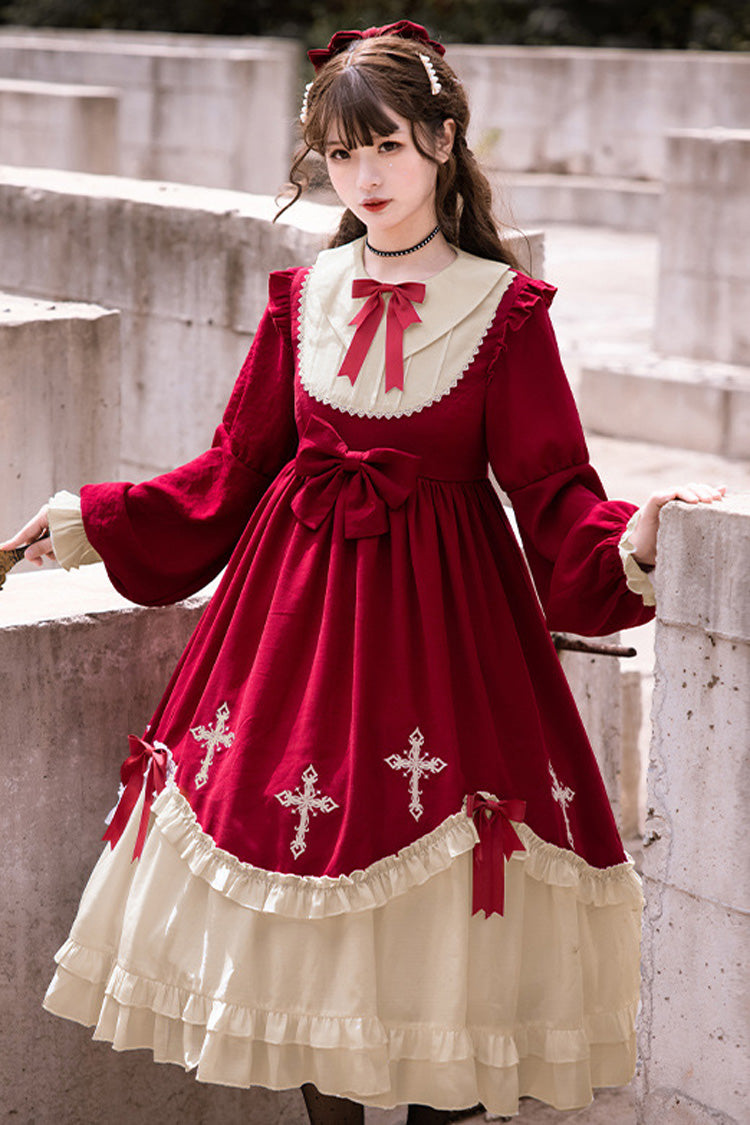 Dark Girl Gothic Lolita OP Dress with Doll Collar and Embroidered Cross - Altfashion Shop