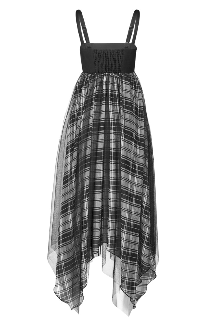 Metal Eyelets Shoulder Strap Irregular Hem Plaid Long Chiffon Punk Slip Dress
