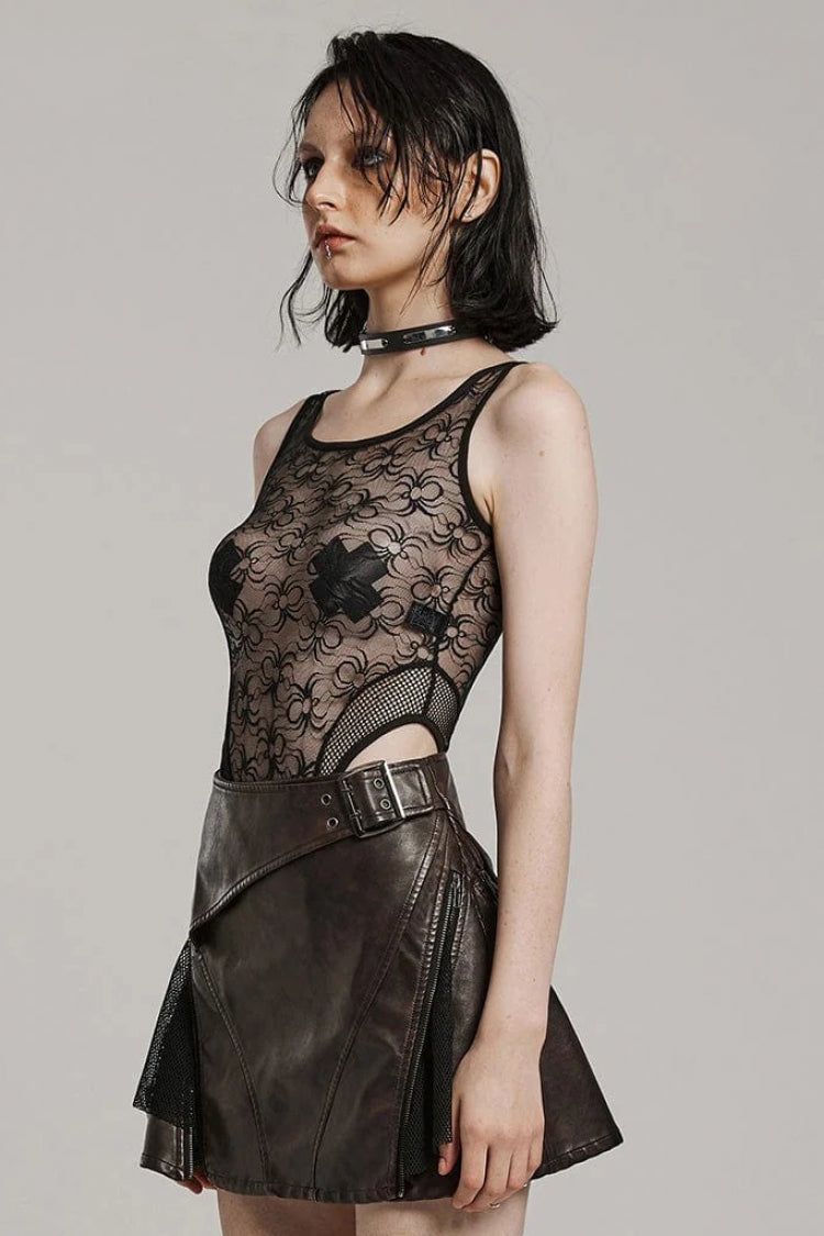 Sleeveless Lace Mesh Sheer Steampunk Bodysuit with Print