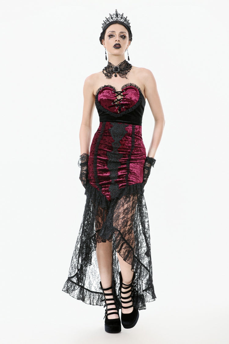 Crimson & Noir Velvet & Lace Lace-Up High-Low Maxi Gothic Skirt