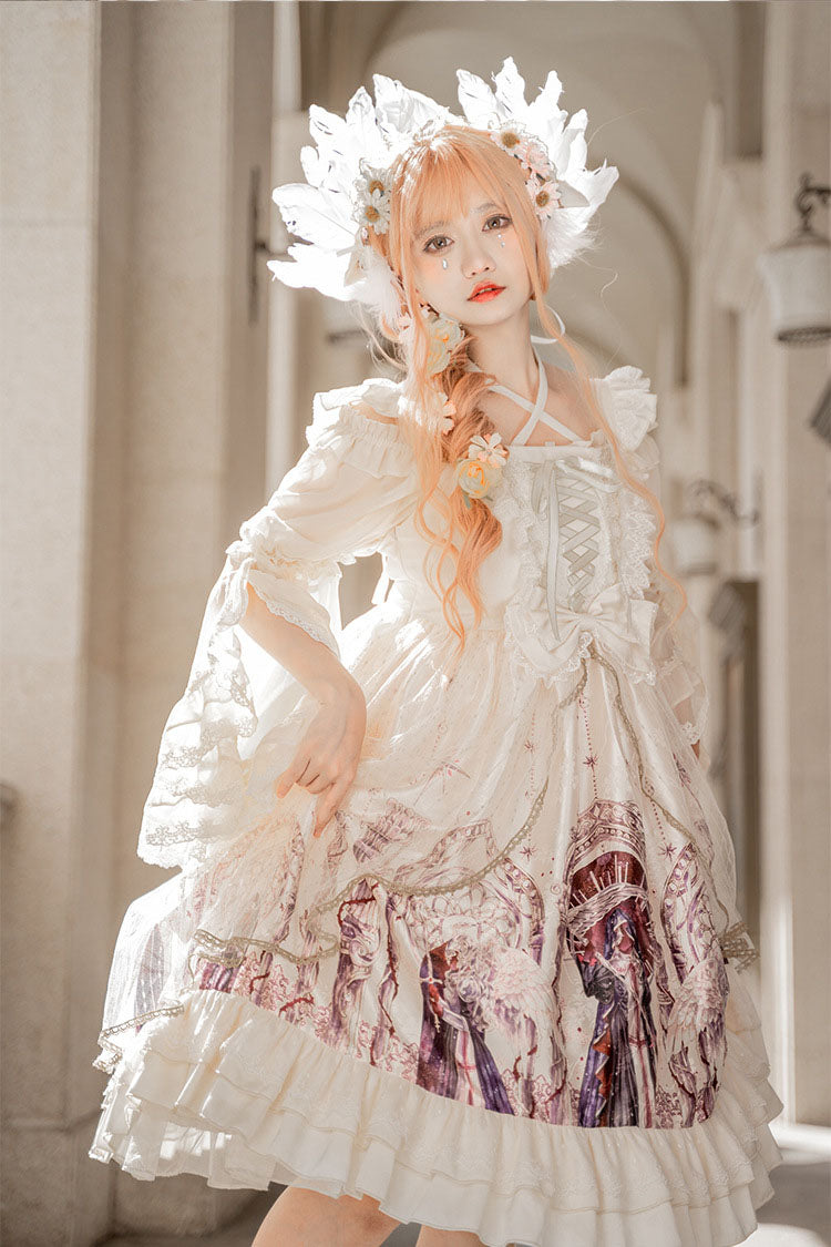 Ivory Gothic Lolita JSK Dress with Angel Wings Print and Mesh Ruffles - Altfashion Shop