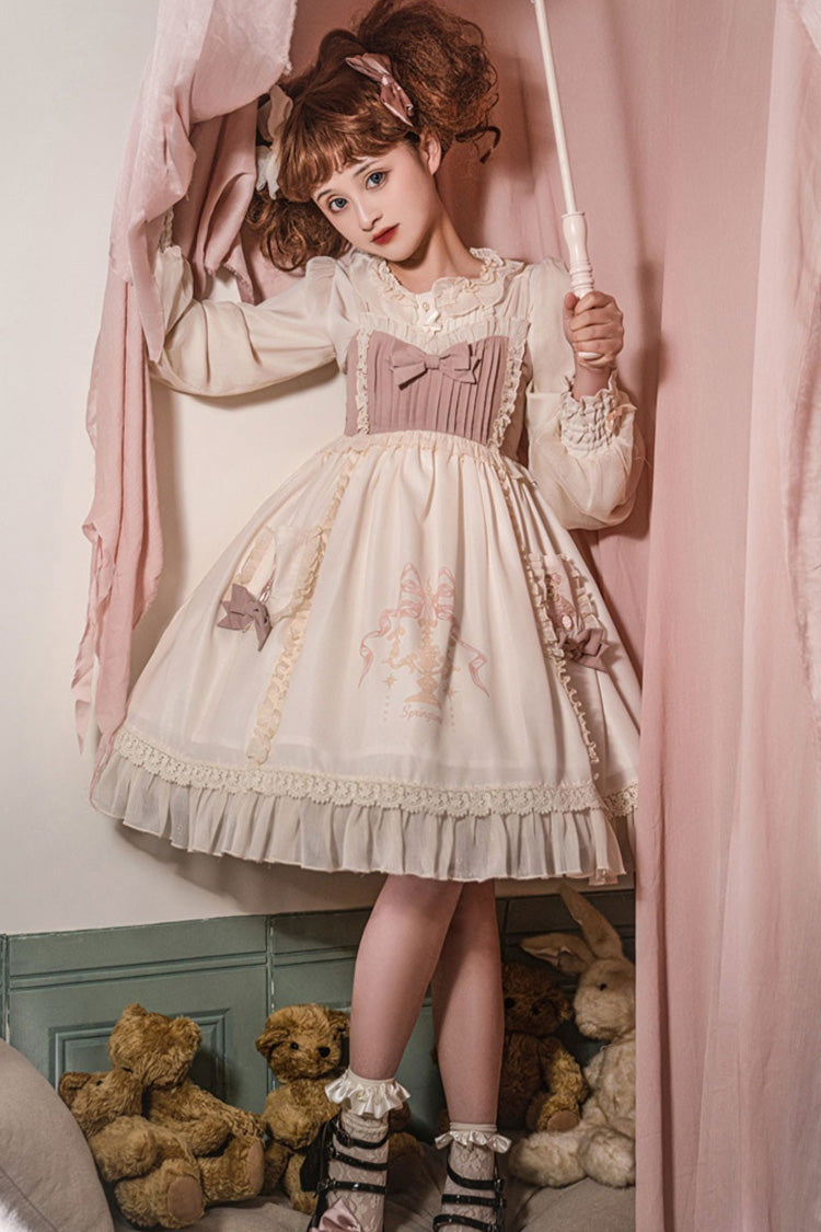White & Pink Sleeveless Good Night Bear Print Cute Lolita Dress