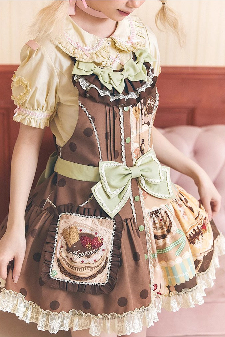 Brown Cake Chocolate Dessert Printed Ruffled Bow Sweet Lolita Strap Dress