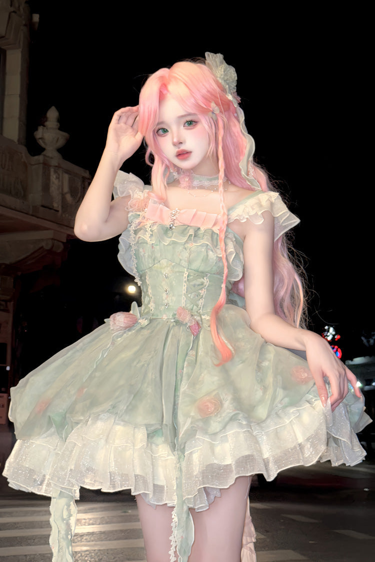Emerald Flower Fairy Forest Garden Print Frill Bow Lace Gown