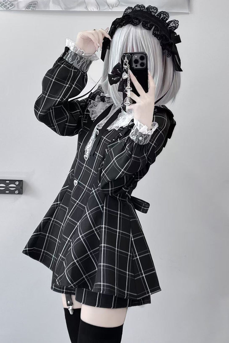 Heart-beating Limited Plaid Print Bowknot Lace Gothic Jirai Kei Dress Set - Black/White