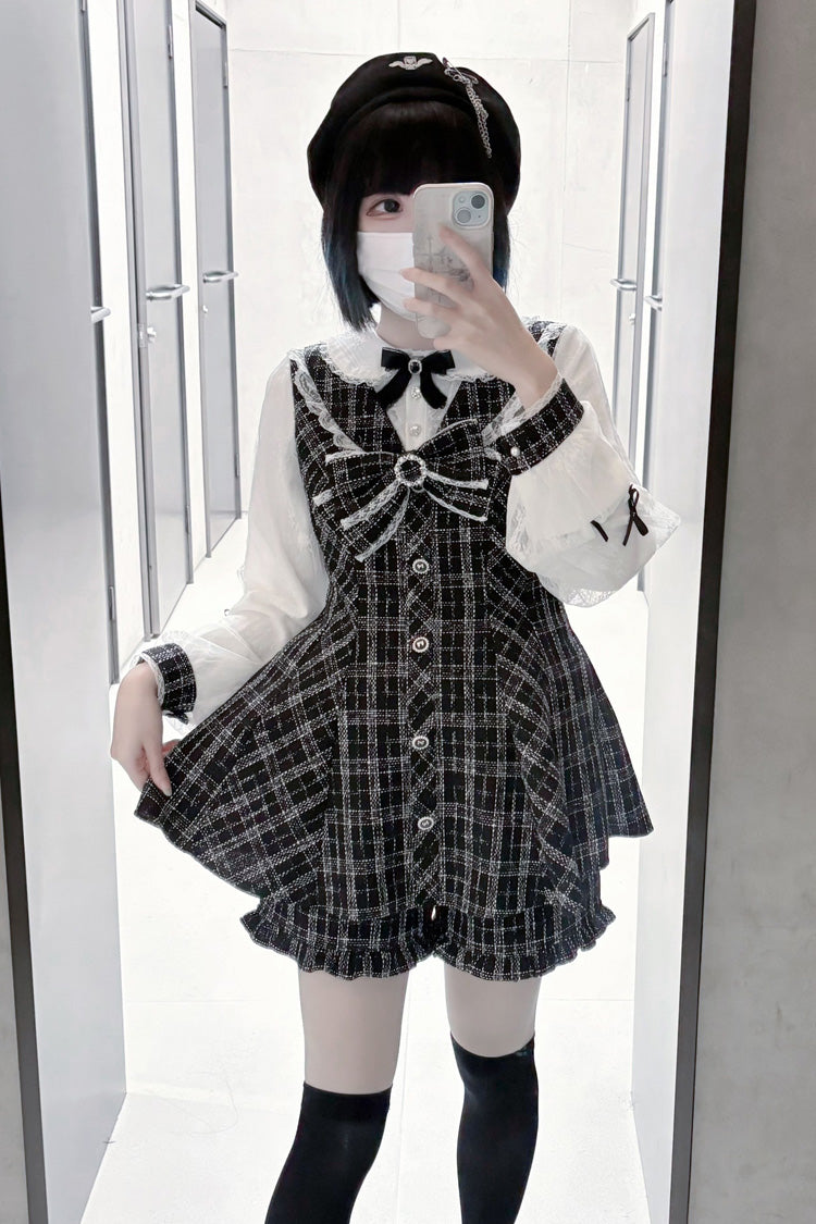 Black/White Love Sonata Long Sleeve Ruffle Bow Lace Jirai Kei Dress Set