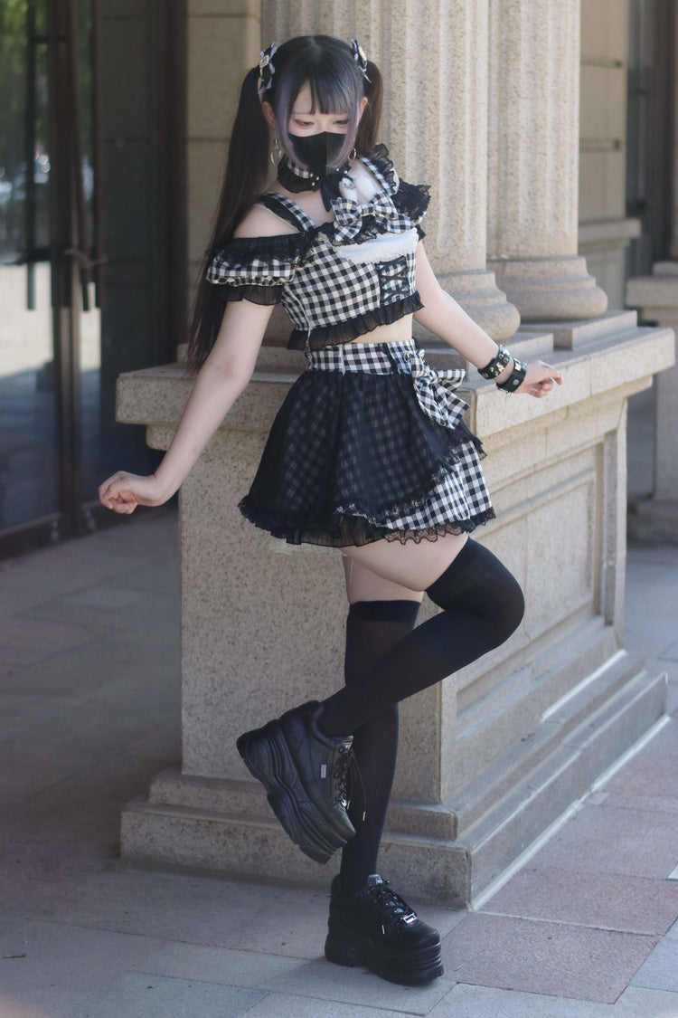 Jirai Kei Skirt Set with Plaid Print and Lace-Up Front - Night Rabbit Dream, Short Sleeves