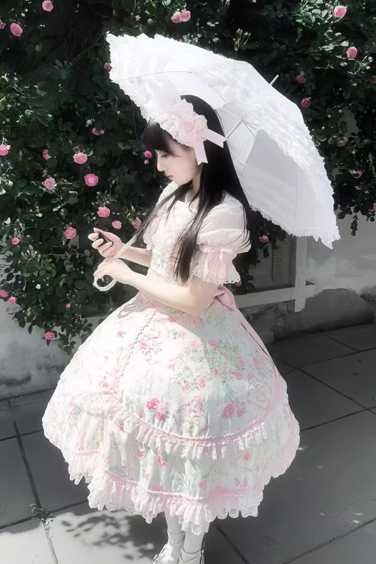 Ivory & Pink Sleeveless Floral Wall Print Lace Bow Sweet Lolita JSK Dress