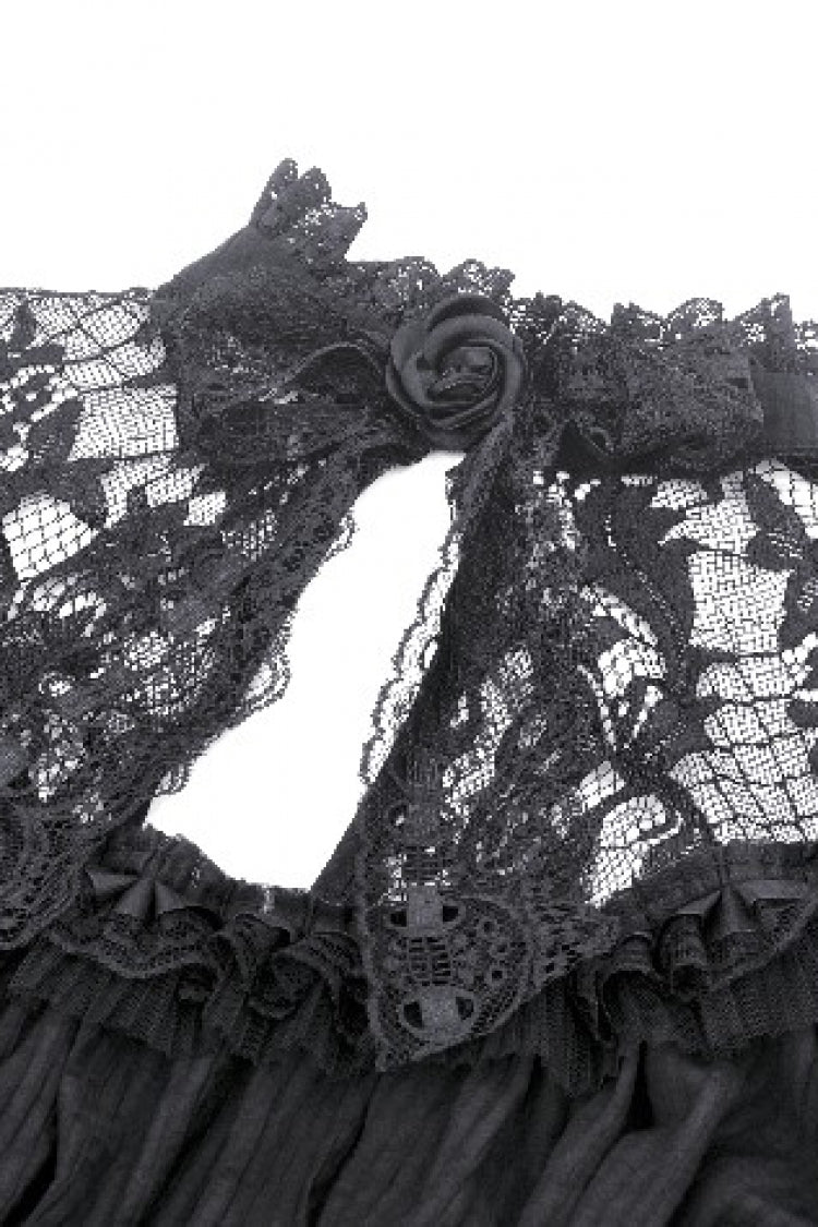 Gothic Victorian-Inspired Black Lace Ruffled High-Neck Puff-Sleeve Cutout Maxi Gown