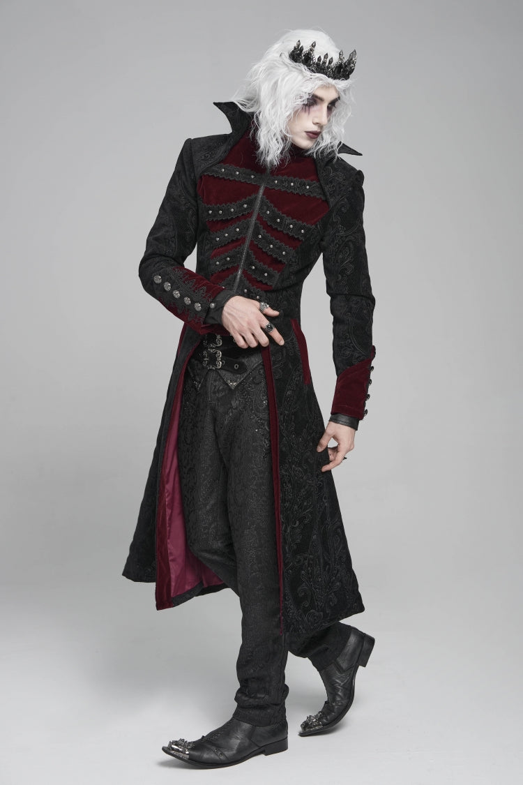 Noir & Red Crystal-Trimmed Printed Zip Gothic Overcoat