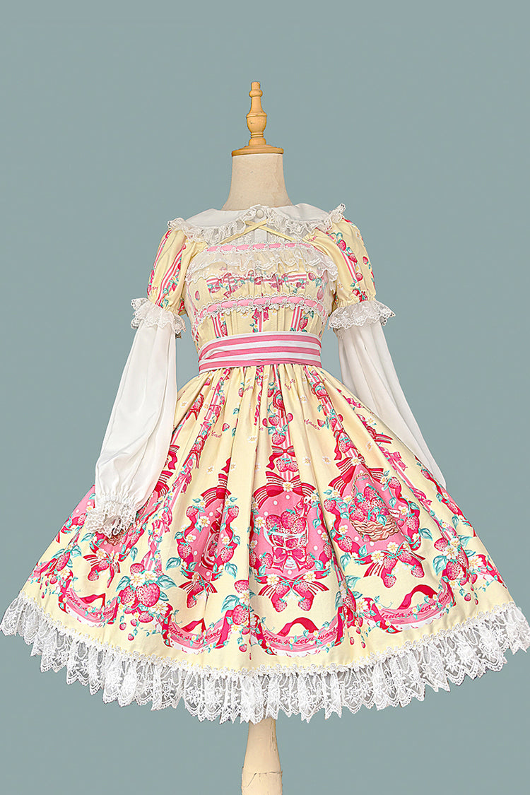 Printed Bowknot Lace Sweet Dress with Short Sleeves - Strawberry Chef
