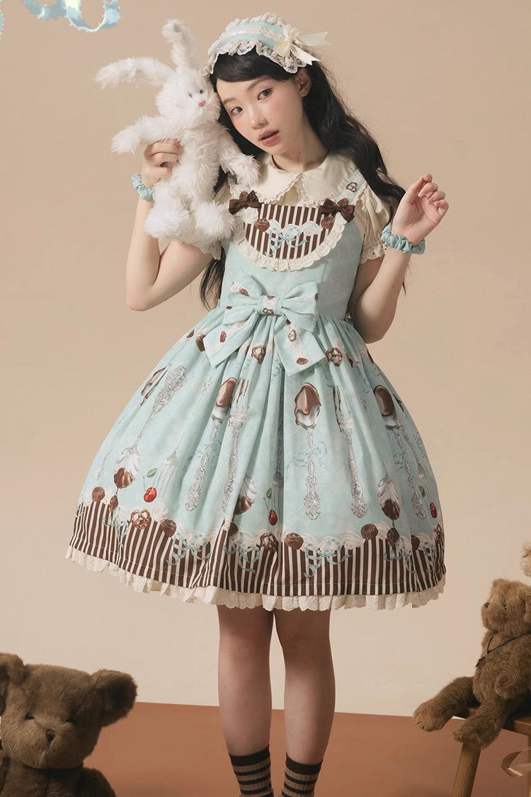 Sleeveless Print Bowknot Sweet Plus Size Lolita Jsk Blue Green