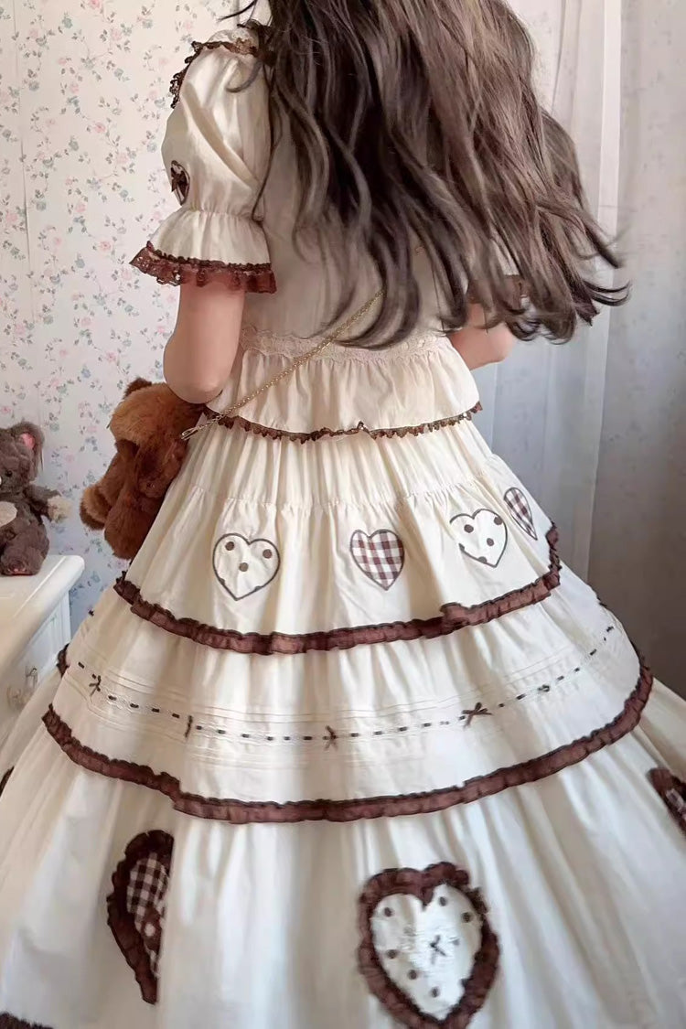 Cream Lovely Heart Triple-Layer Embroidery Bow Frilled Elegant Sweet Lolita Skirt
