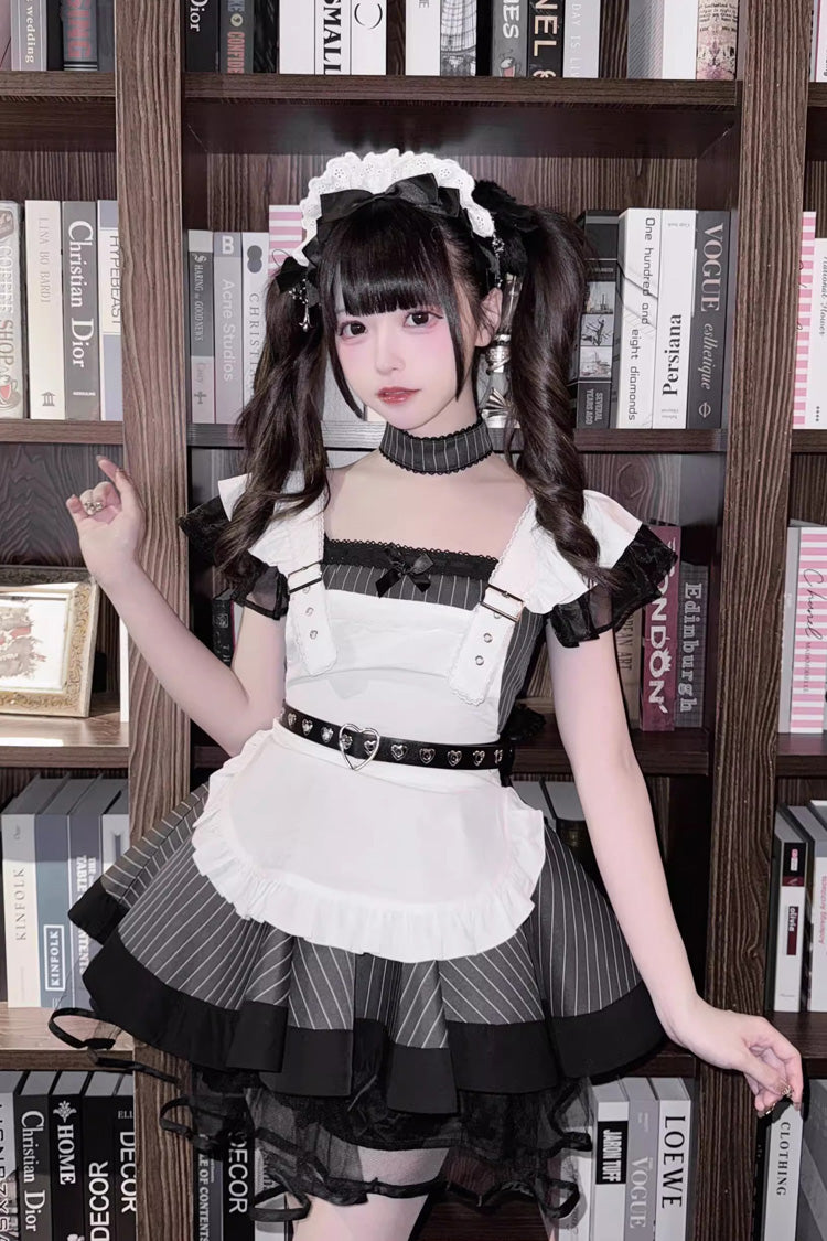 Grey/Black Short Sleeve Stripe Print Ruffle Jirai Kei Gown