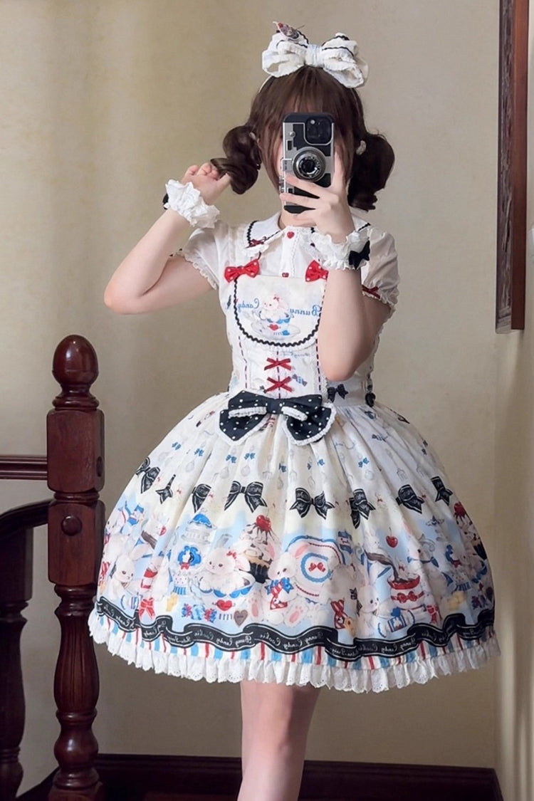 Sleeveless Print Ruffle Bowknot Lace Sweet Lolita Jsk Dress Beige