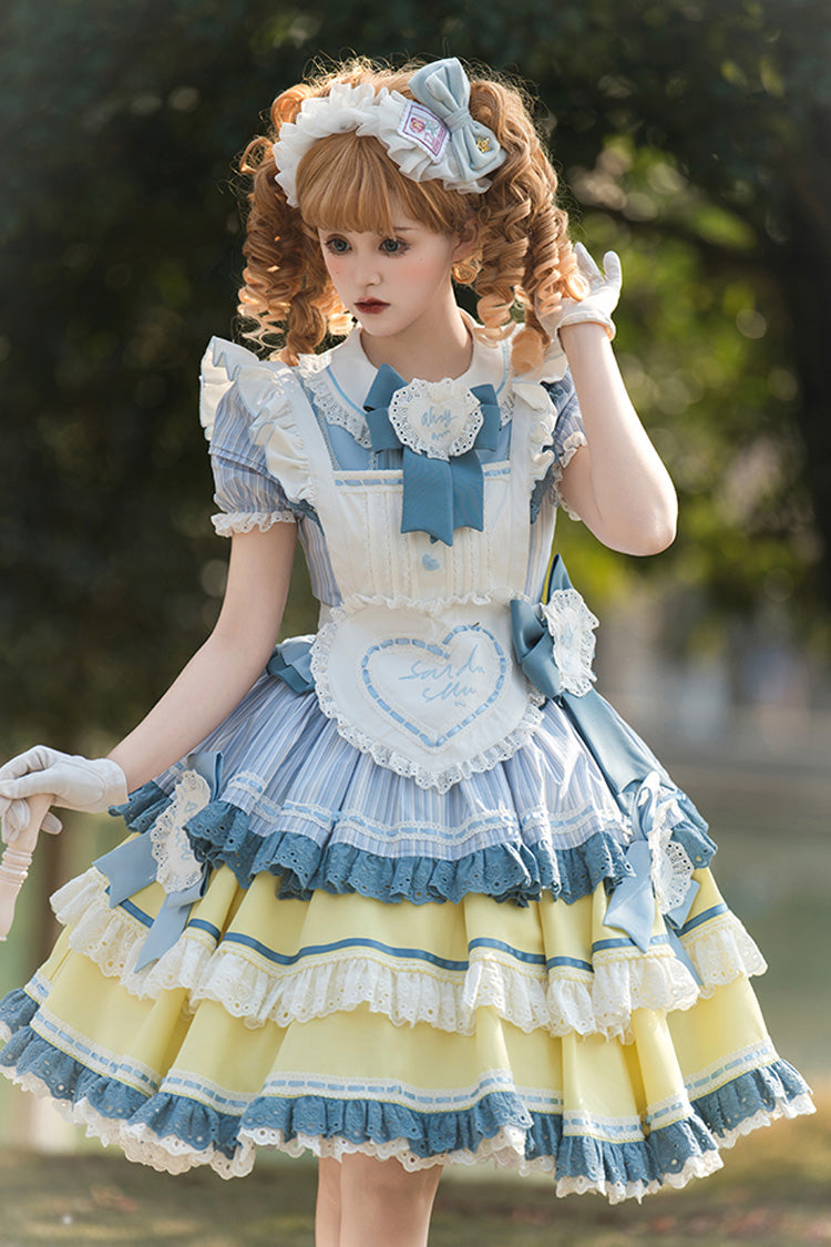 Blue/Yellow Short Sleeves Triple-Layer Ruffle Ribbon Lace Girly Japanese Lolita Dress