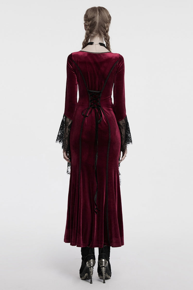 Crimson Floral Stitched Lace Gothic Evening Gown