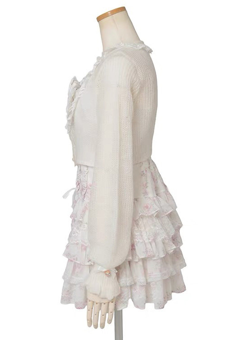 Multi Layered Ruffled Bow Print Long Sleeve Jirai Dress in Three Shades
