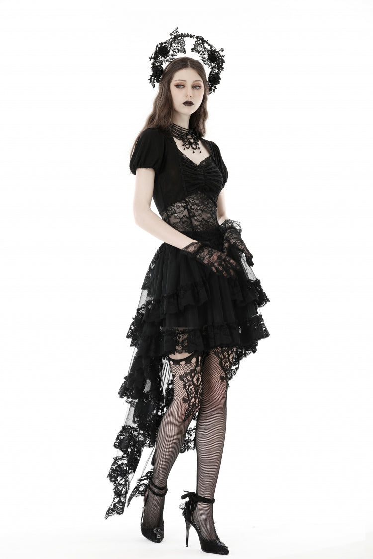 Gothic Swallow Tail Skirt with Irregular Lace Ruffles, Black