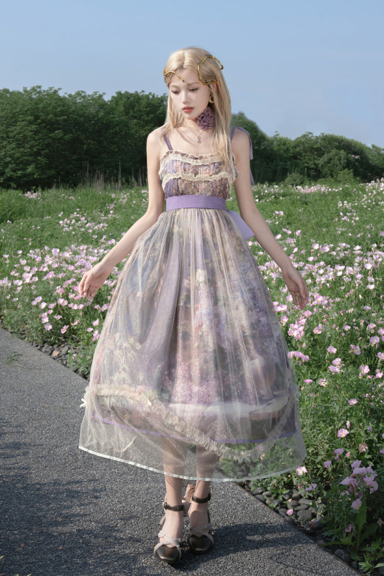 Violet Shaded Blossoms Oil Painting Sleeveless Printed Ruffled Bow Lace JSK