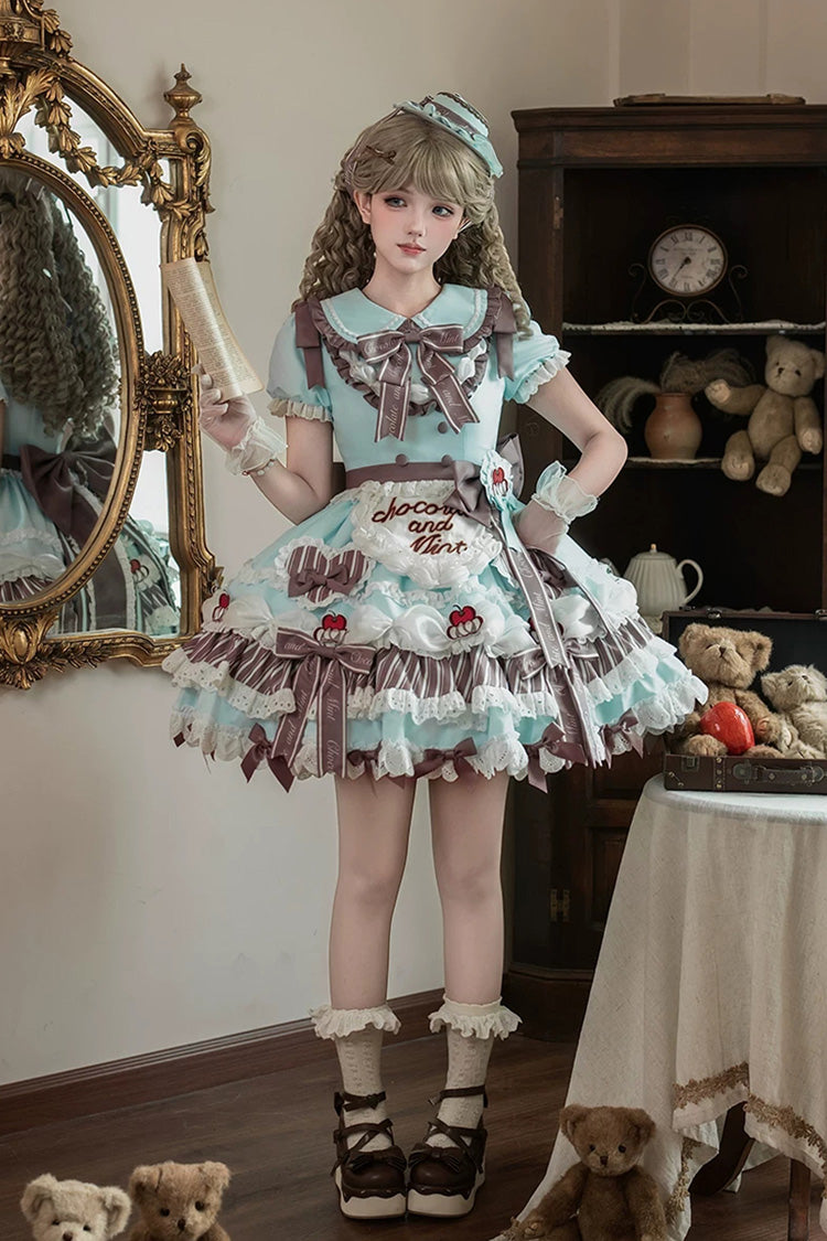 Cherry Mille-Feuille Lapel Collar Short Sleeve Printed Lace Sweet Dress