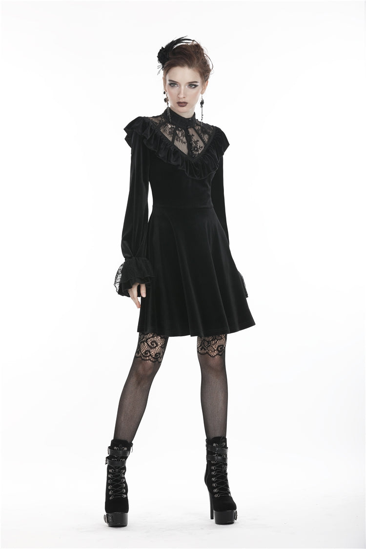 Deep V-Neck Ruched Velvet Lolita Dress with Lace Details