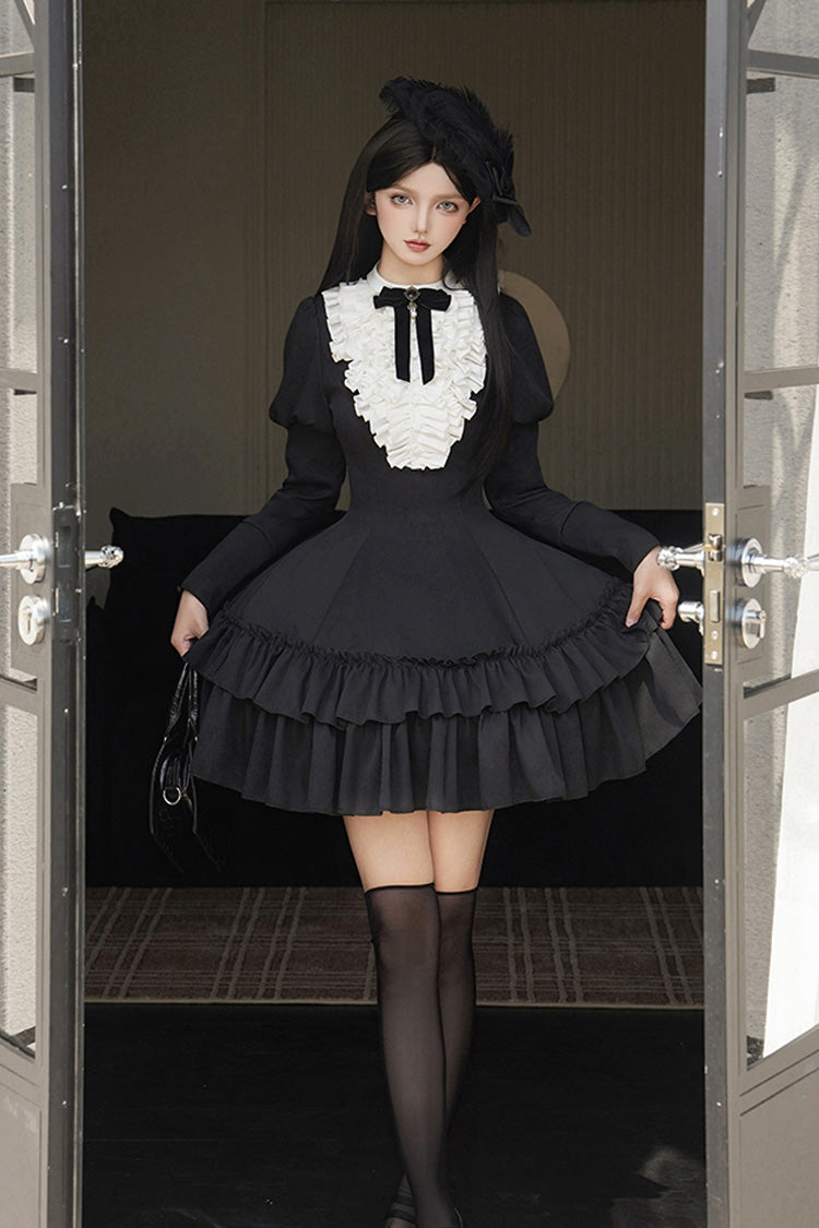 Black Miss Weir Stand Collar Long Sleeved Double-Layered Ruffled Gothic Dress