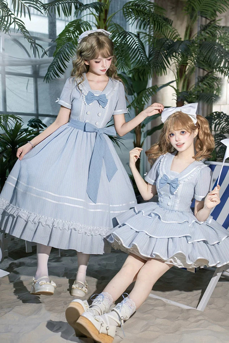 Sweet Lolita Dress with Printed Ruffled Bow and Navy Collar - Blue