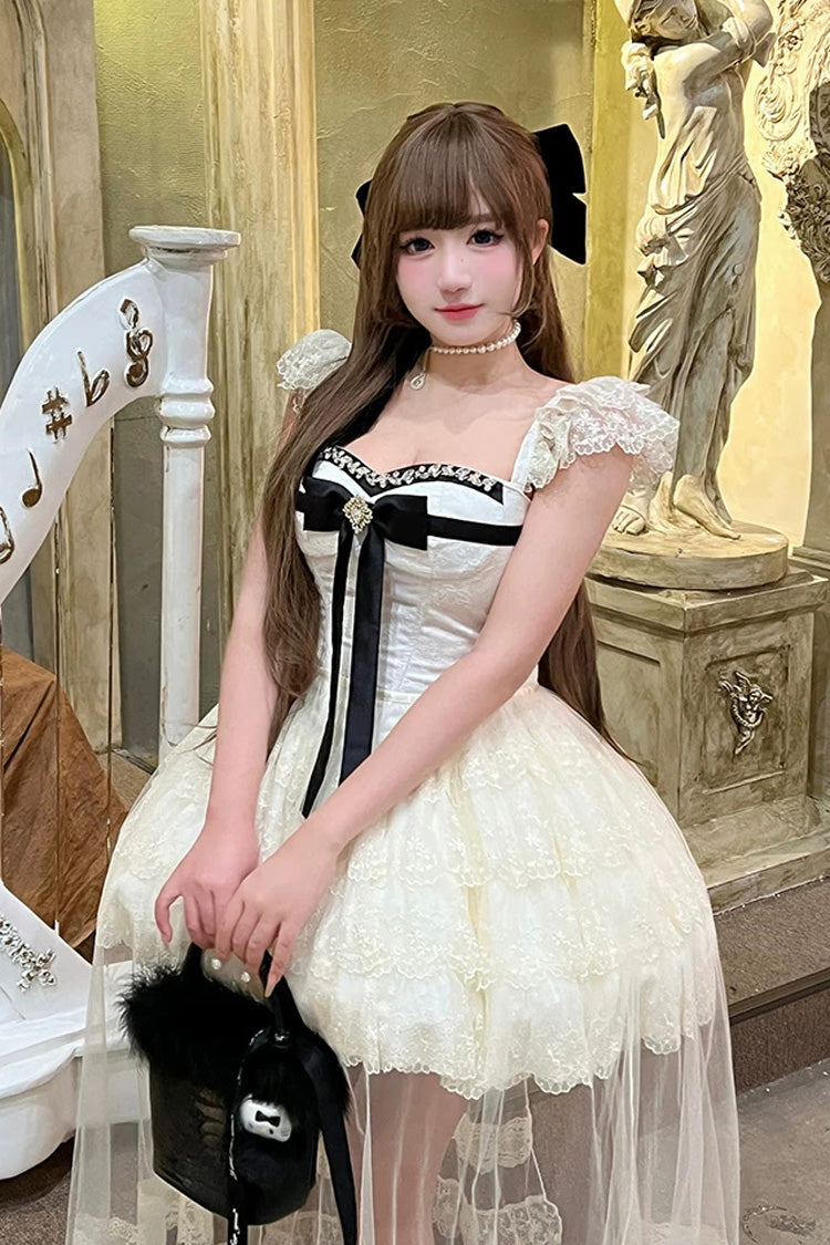 Cream Hepburn Heart Square Collar Sleeveless Multi-Layer Cut-Out Bow Lace Sweet Lolita JSK Dress