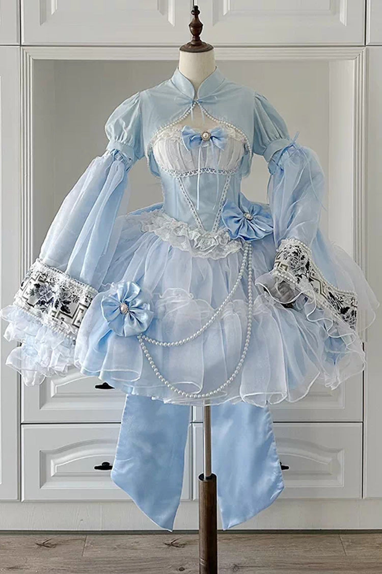 Cerulean and Ivory Porcelain Printed Ruffled Bow Lace Sweet Plus Size Lolita JSK Short Version