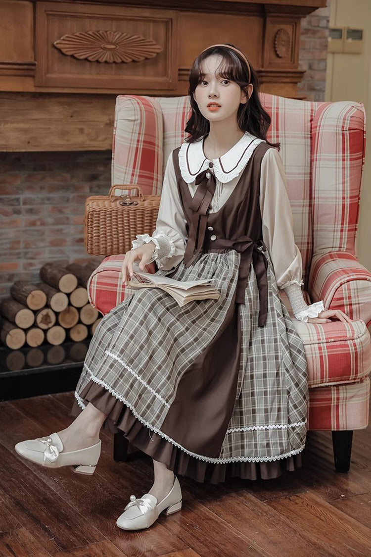 White/Brown Campus Sweet Lolita OP Dress Doll Collar Lantern Sleeves - Altfashion Shop