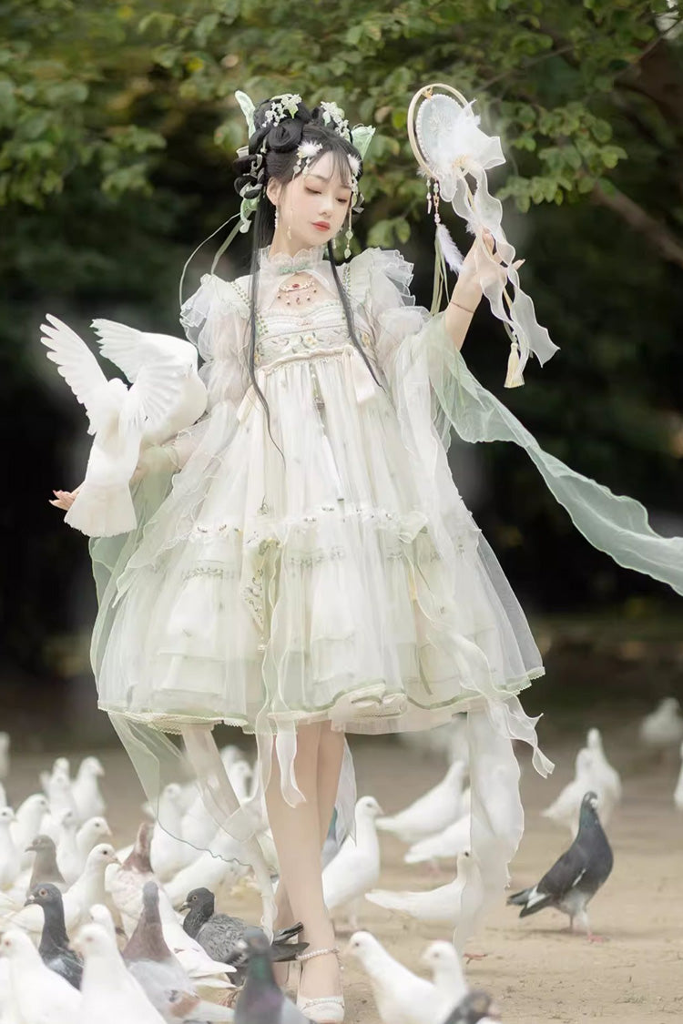 Cream Luo Ling Fu Embroidery Bow Lace Frilled Chinese Style Sweet Lolita JSK Dress