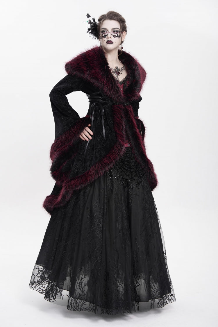 Crimson Floral Embroidered Gothic Fluffy Jacket